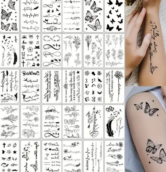 Generic 30 Sheets Of Fine Line Temporary Tattoos, Realistic Removable Body Art, Words, Patterns, Flowers, Botanical Leaves. 100s of Tattoos, Festival Tattoos