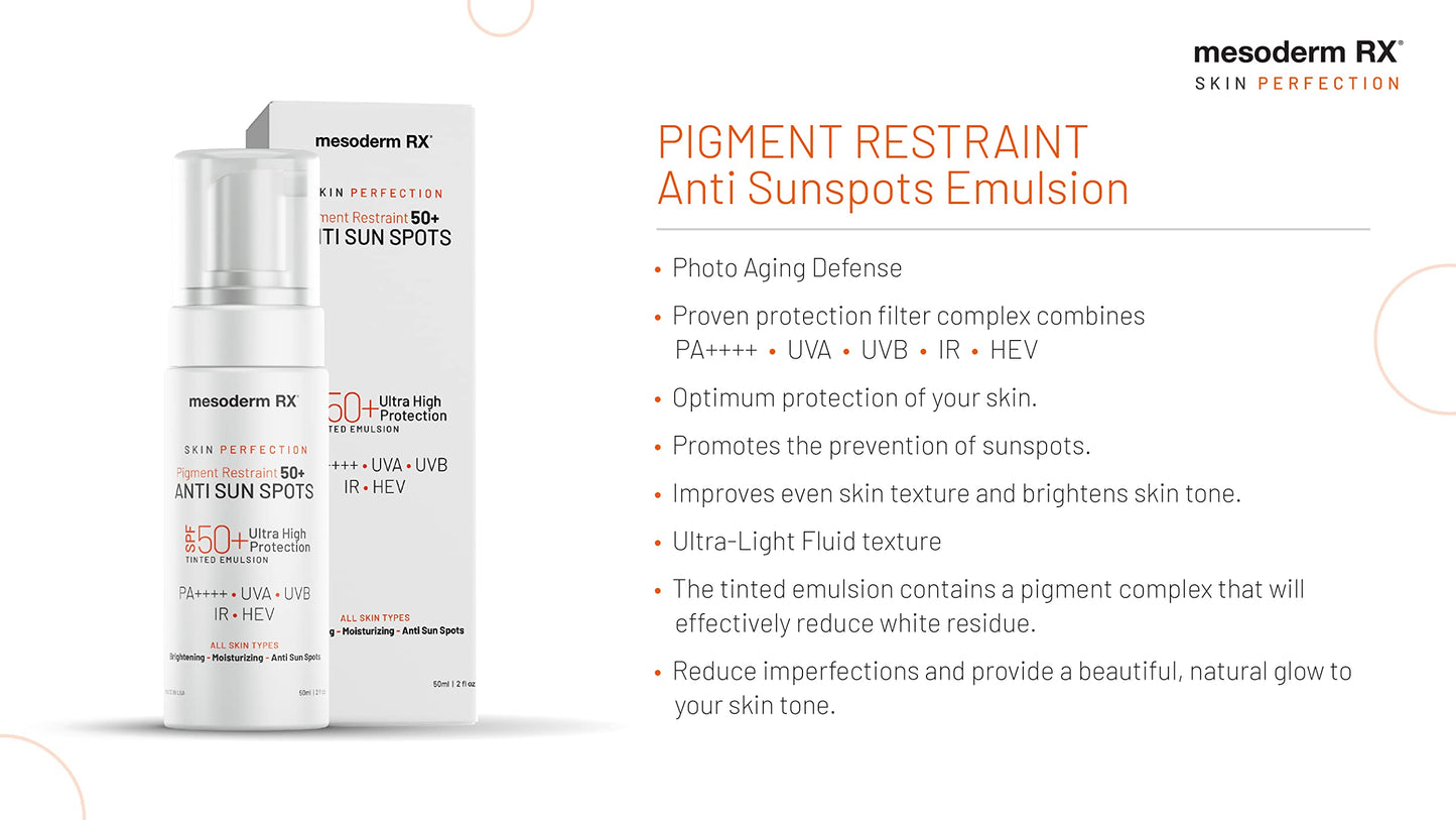 Mesoderm RX Pigment Restraint 50+ Anti Sun Spots, Protect and Nourish Face, Neck, Hands, 50ml