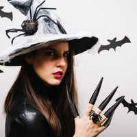 NICENEEDED 20 Pcs Long Finger Claws Fake Nail Rings, Black Fingernail Rings Claw, Knuckle Protectors Fingertip Extension Halloween Vampire Nails for Cosplay Drama Belly Dance Show