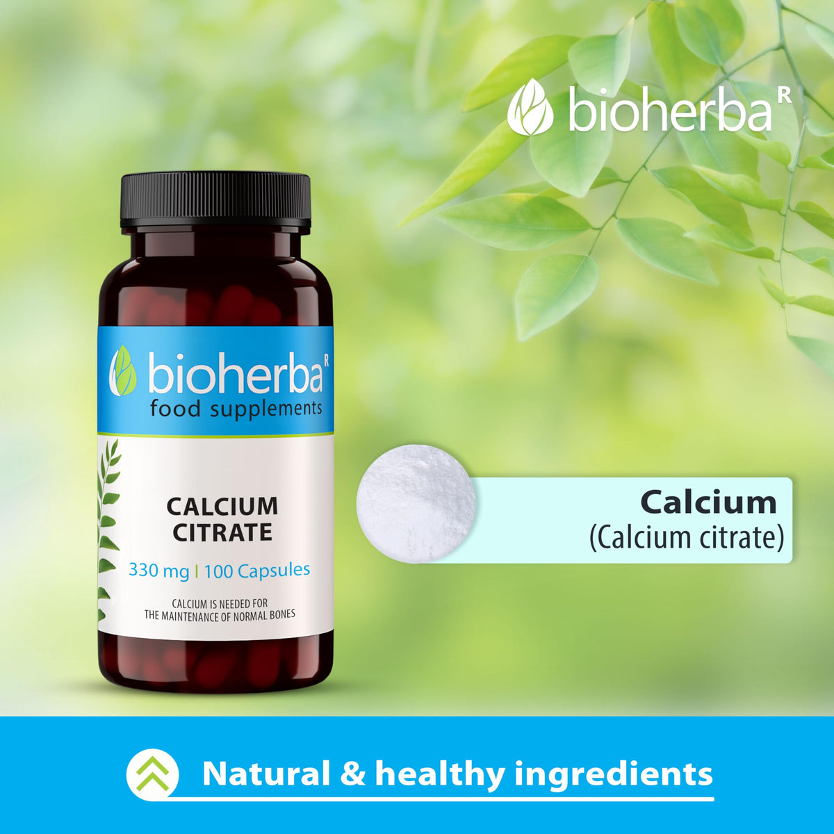 Calcium Citrate 330 mg – 100 Capsules | High-Absorption Supplement for Bones, Teeth, and Muscle Function by BIOHERBA