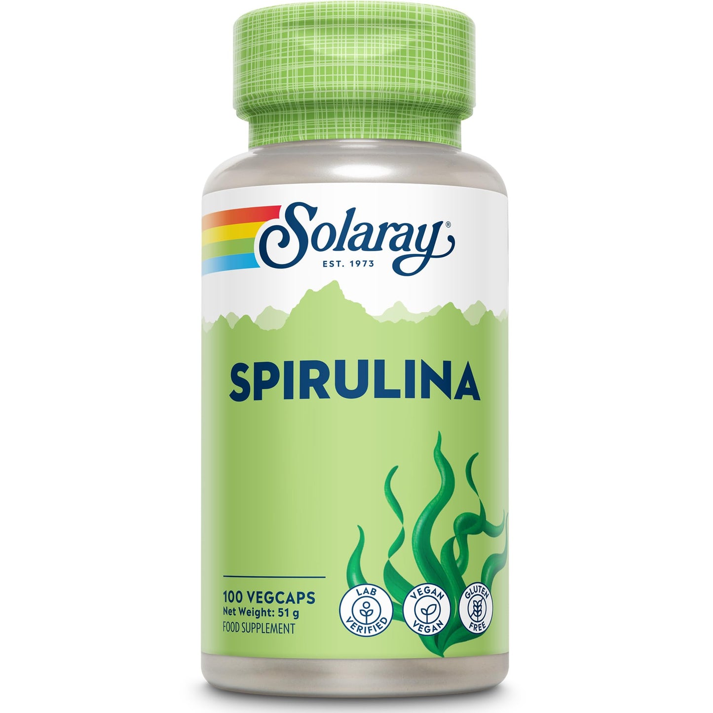 SOLARAY Spirulina Algae - 100 Vegan Capsules not Tablets or Powder - High Strength Spirulina Supplement with Added Vitamin A 70mcg - Lab Verified - Solaray