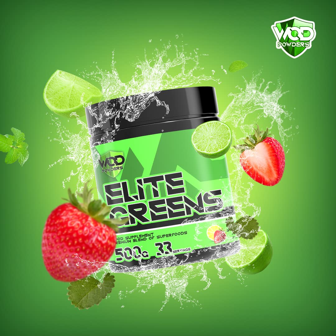 Hellenia Elite Greens Superfood - WOD Powders | 34 Vegan Superfoods and Natural Ingredients, Green and Red Fruits, Berries,Vegetables, Prebiotics & Digestive Enzymes - 500g (Strawberry & Lime)
