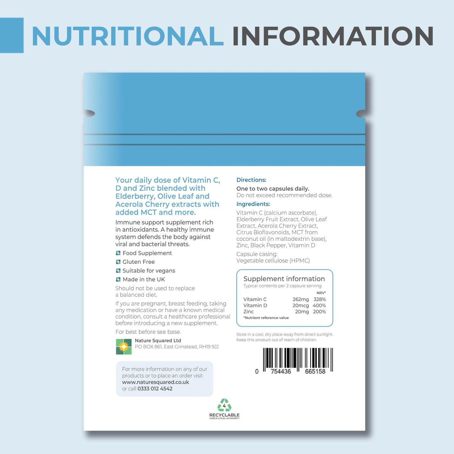 NATURE SQUARED Immune [blend]: Premium Immune System Booster - 60 High Strength 8-in-1 Complex - Loaded with Vitamin C, D, Zinc, Elderberry, Acerola Cherry, Olive Leaf, Black Pepper & MCT - Made in UK
