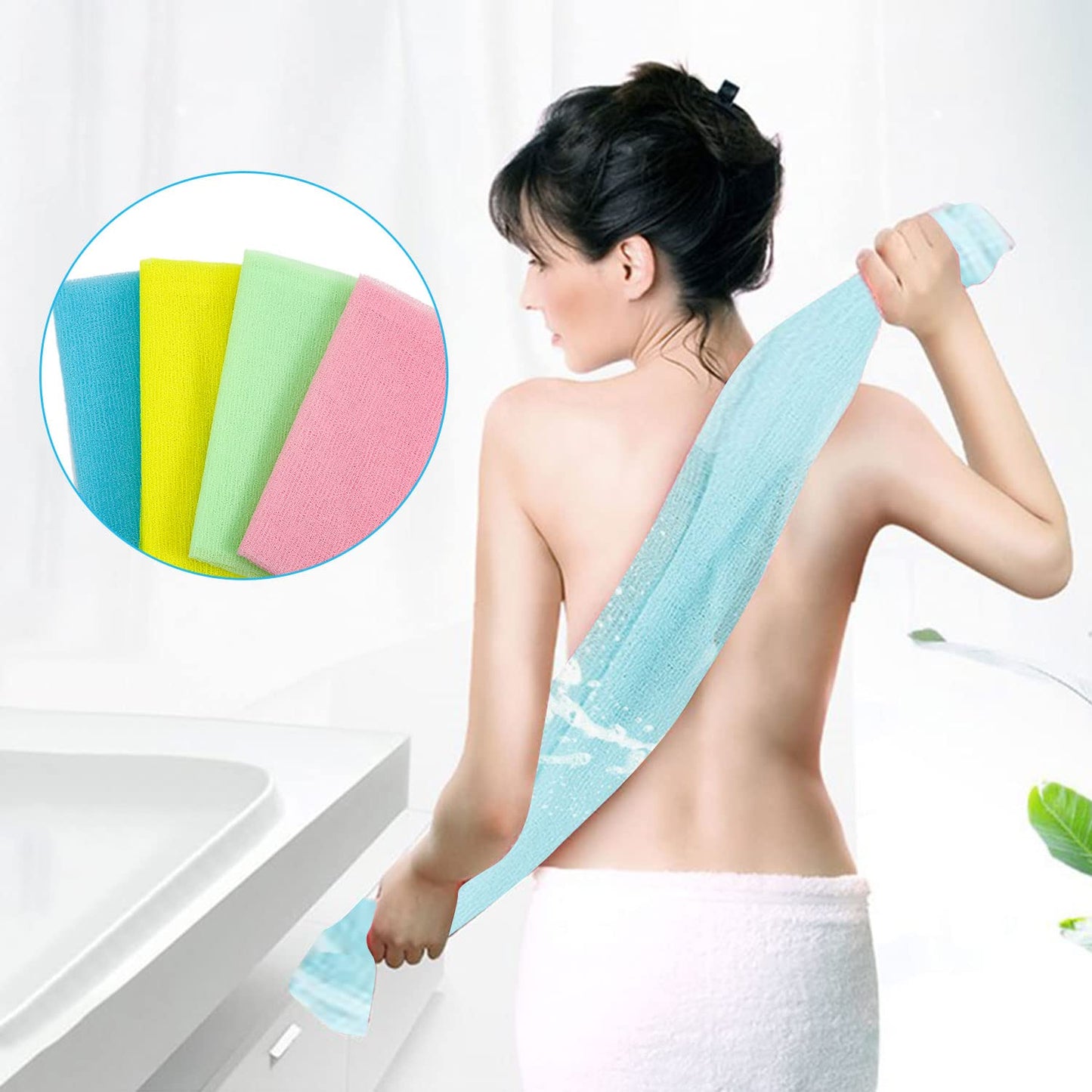 VIKSAUN 4 PCS Multicolour Nylon Japanese Exfoliating Cloth Nylon Scrub Bath Towel, Long 90cm, Body Shower Cleaning Sponges Wash Cloth Towel Body (4 pcs)
