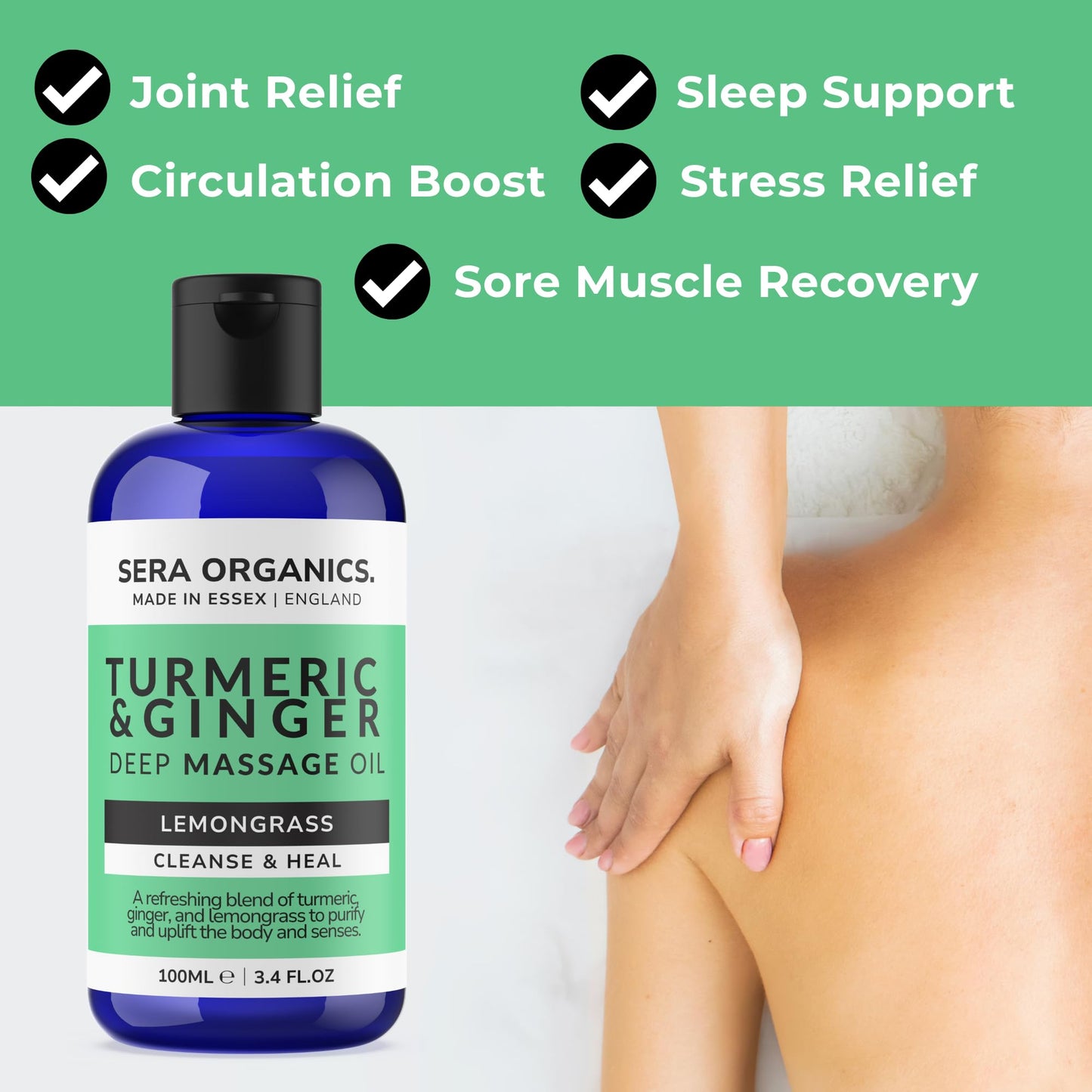 Turmeric Massage Oil - Arthritis Relief & Muscle Pain | Anti-Inflammatory, Lymphatic Drainage, Joint & Nerve Soothing, Sleep Support | Ginger & Lemongrass for Deep Tissue Massage | Sera Organics 100ml