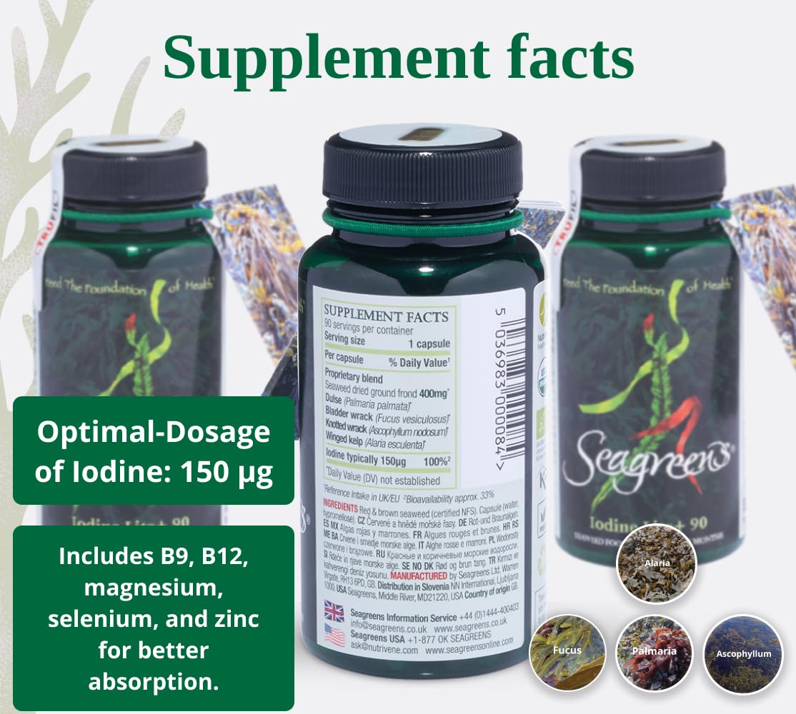 Seagreens Iodine Lite+ Organic Supplements, 3 Month Supply, 150mcg Natural Iodine from Seaweed, Vegan Supplement for Kids & Adults, Radiation Support, Thyroid Health, 90 Capsules