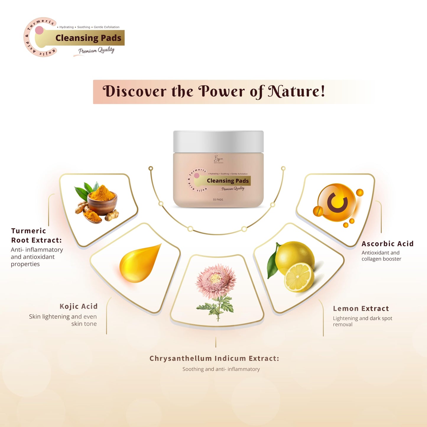 Kojic Acid And Turmeric Cleansing Pads, 55PCS, Turmeric Cleansing Pads for Dark Spots, Dark Spot Remover For Face, Turmeric Face Scrub Pads, Turmeric Kojic Acid Pads, Facial Cleanser for Turmeric Pads