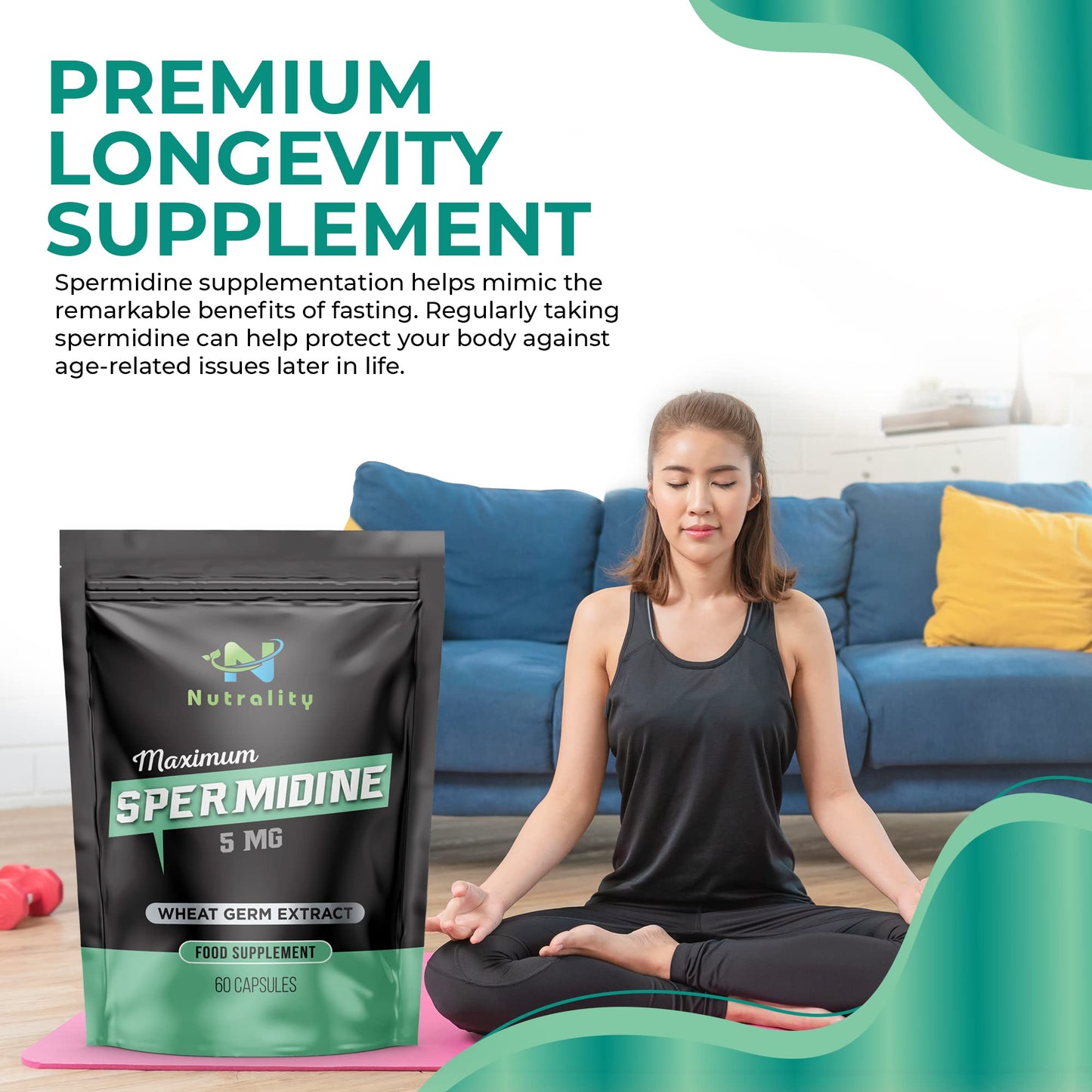 Nutrality Spermidine Supplement 5mg | For Men & Women | Wheat Germ Natural Supplement-Immune System & Cell Renewal-Longevity Support | Vegan | 60 Capsules