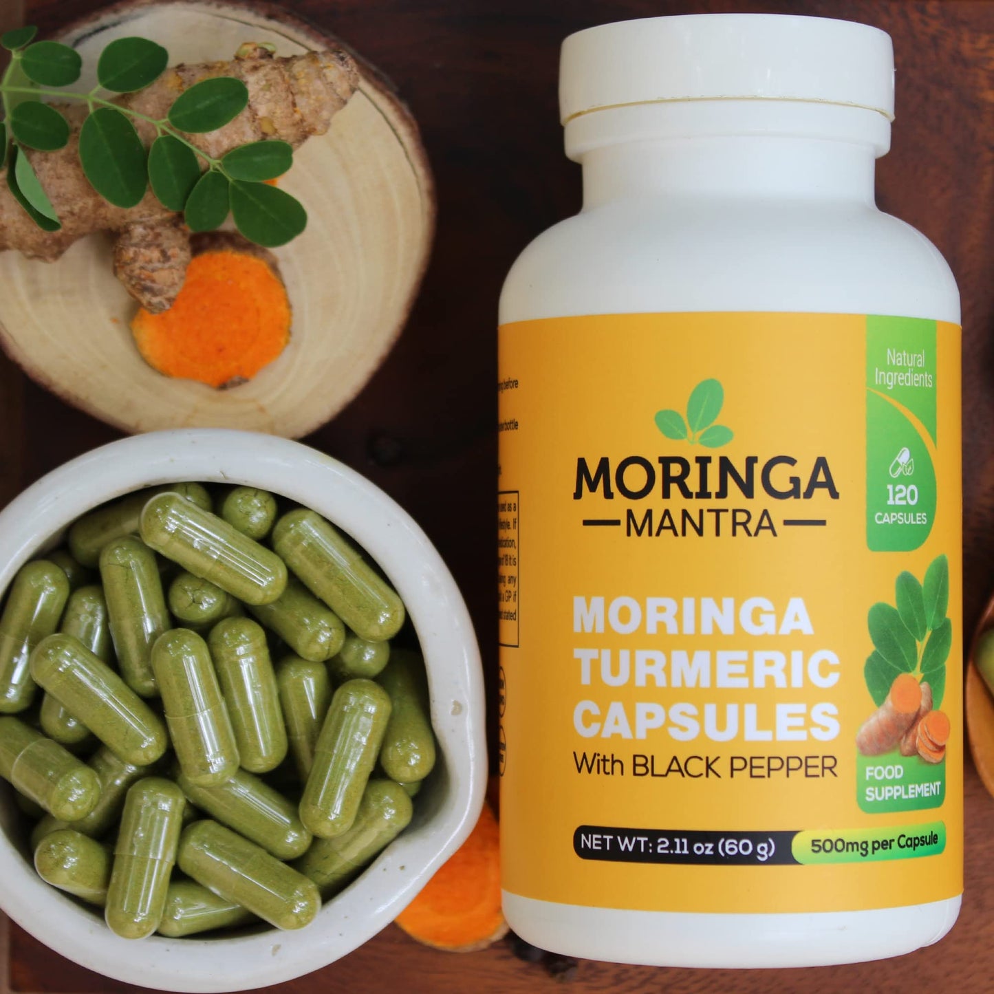 Moringa Mantra Moringa Oleifera Powder & Turmeric Root Powder with Black Pepper 120 Vegan Capsules, Gluten Free, Non - GMO
