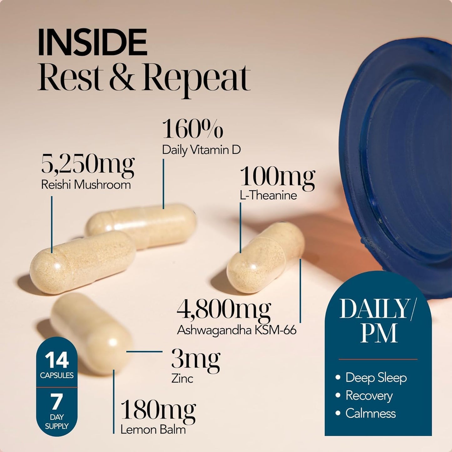 Moodeys Rest & Repeat, Organic Natural Sleep Supplement | Deep Sleep & Recovery | Functional Mushrooms & Adaptogens | Reishi Mushroom (5,250mg), Ashwagandha KSM-66 (4,800mg), Lemon Balm & L-Theanine