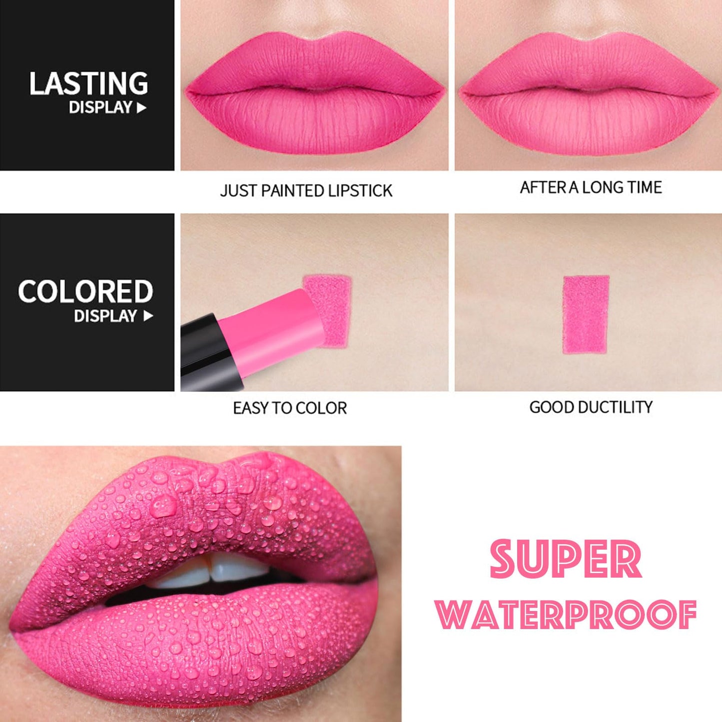 LYNTYAOU Hot Pink Lipstick, Vivid Pink Lip Stick for Women Long Lasting, Matte Highly Pigmented Full-Coverage Waterproof Smudge-proof Non-Sticky Tinted Lip Balm, Gift for Girls & Women