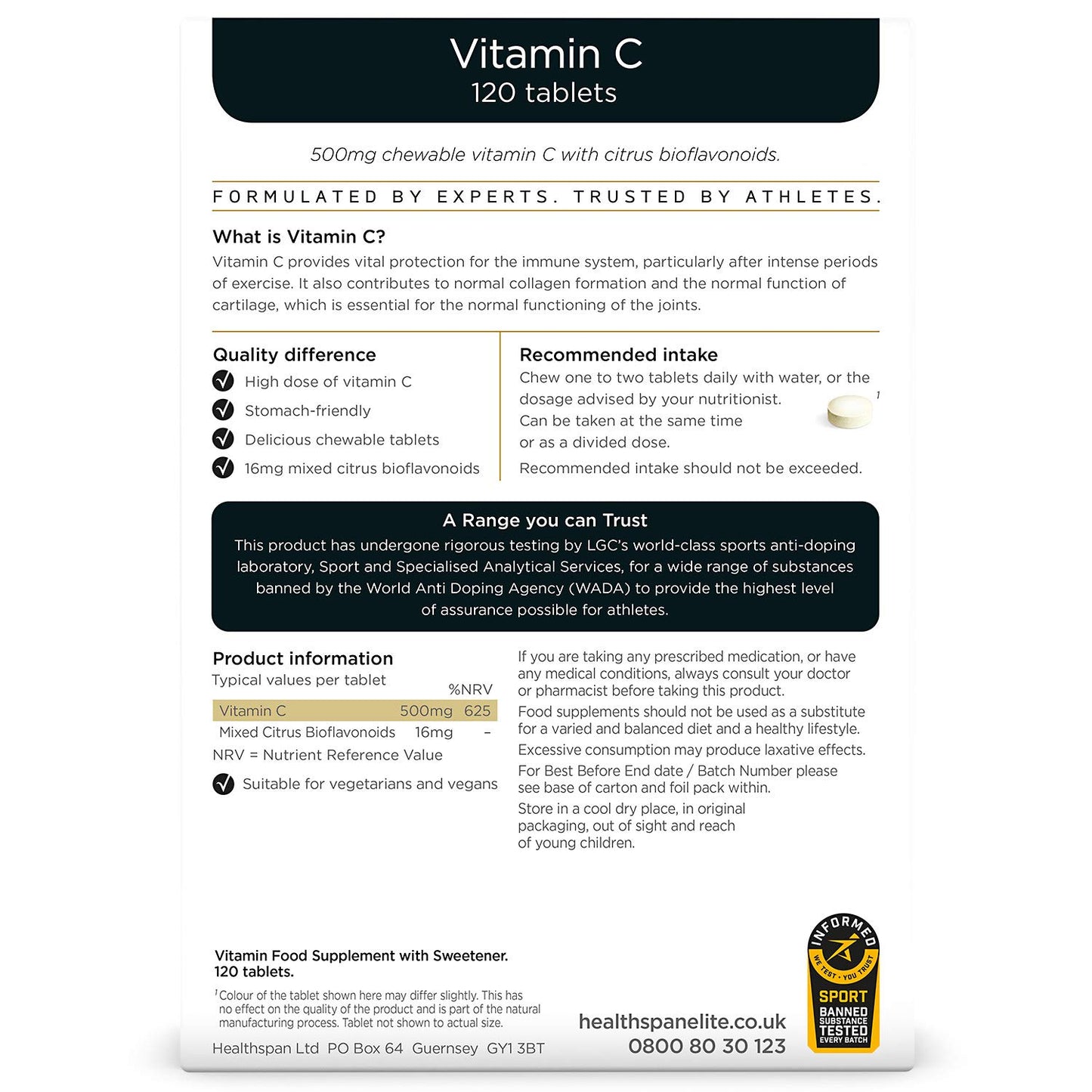 Healthspan Elite Vitamin C 500mg Chewable Tablets (4 Months’ Supply) | Stomach Friendly Vitamin C to Support Your Immune Health | All Blacks Official Partner | Informed Sport Accredited | Vegan