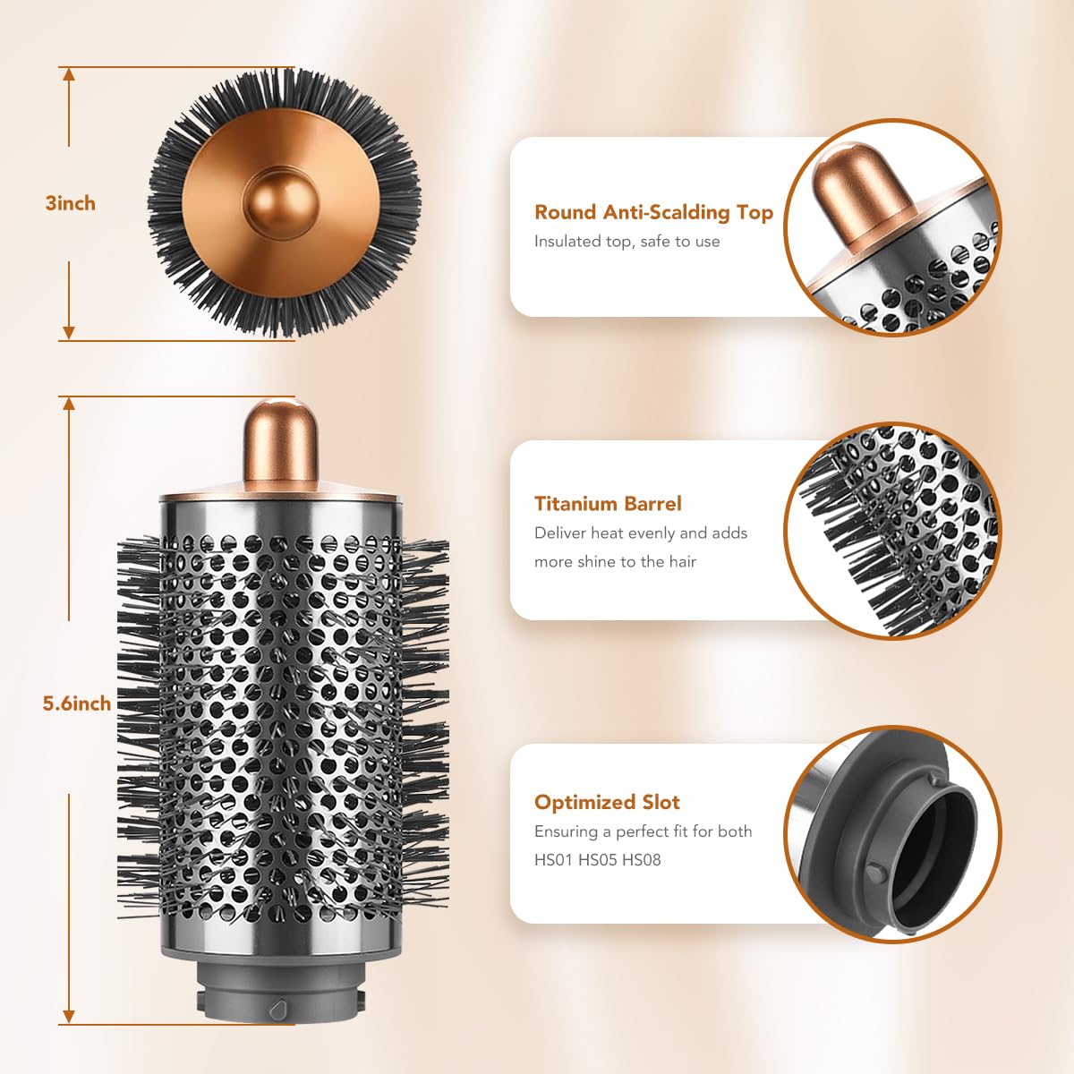 SAZIKA Large Round Volumizing Brush for Dyson Airwrap Styler, Nickel/Copper Big Round Brush Volumizer Attachment for or Dyson Airwrap HS01 HS05 HS08, Smooth Hair,Volumizing and Curly Styling