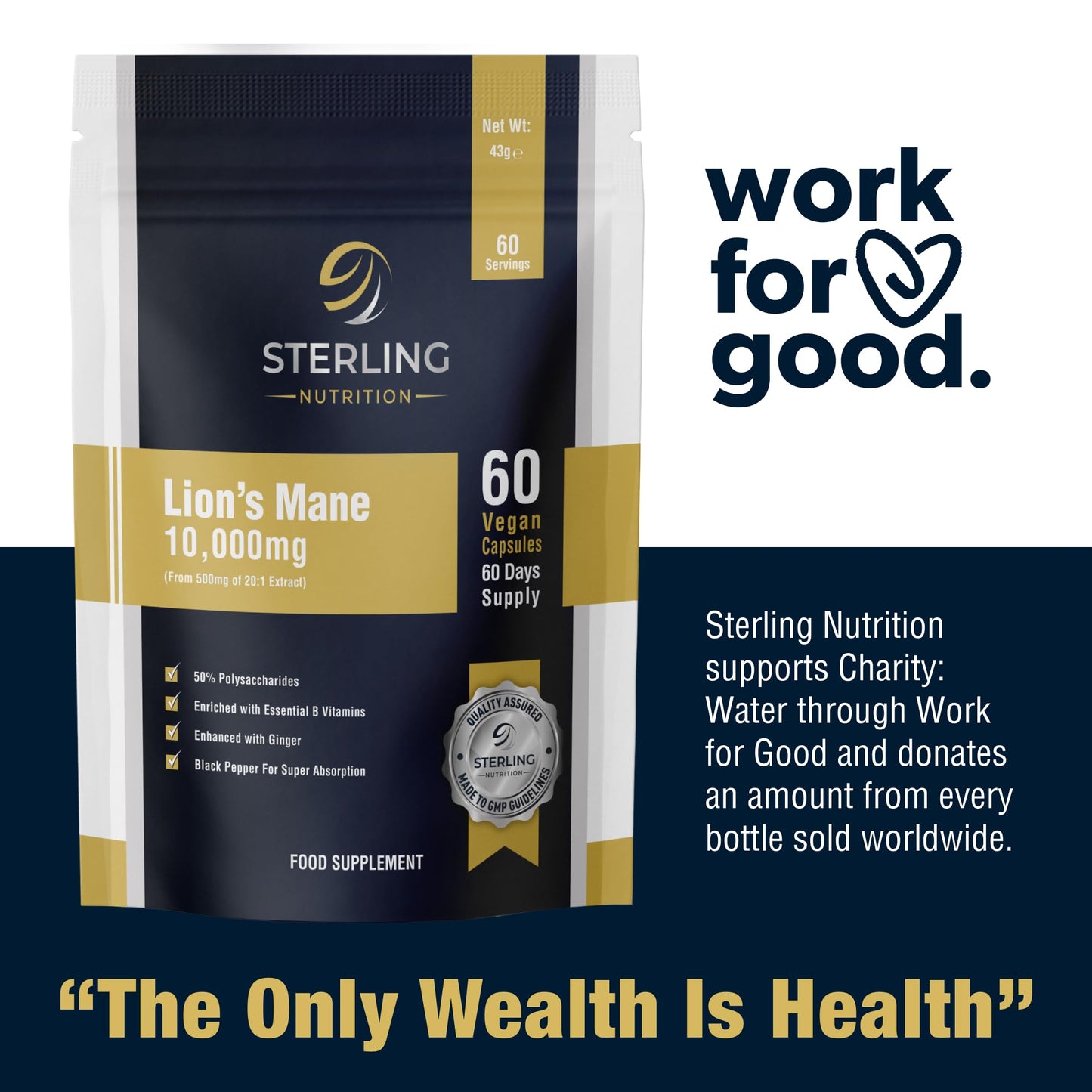 Extra Strength Lions Mane Tablets - Vegan Capsules for Adults, Pack of 60 Supplements (2 Months) | High Strength 10000mg, B Vitamins, Black Pepper & Ginger to Support Brain Health | STERLING NUTRITION