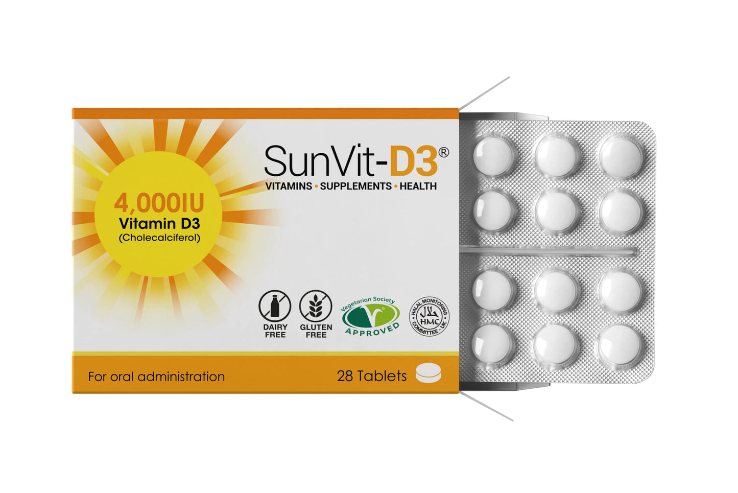 SunVit-D3 Vitamin D3 4000 iu - High Strength Vitamin D Tablets Support the Maintenance of Bone, Teeth, Muscle & Immune System | Made in UK & GMP Approved | Dairy & Gluten free - D3 Vitamins 28 Tablets