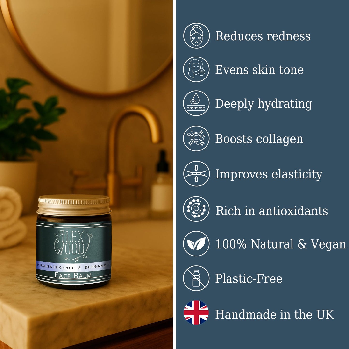The Ilex Wood - Frankincense and Bergamot Face Balm - 100% Natural, Handmade, Vegan, Moisturising, Anti Ageing, Wrinkle and Line Reducing Ingredients, Cruelty & Plastic Free, Palm Oil Free. 60ml