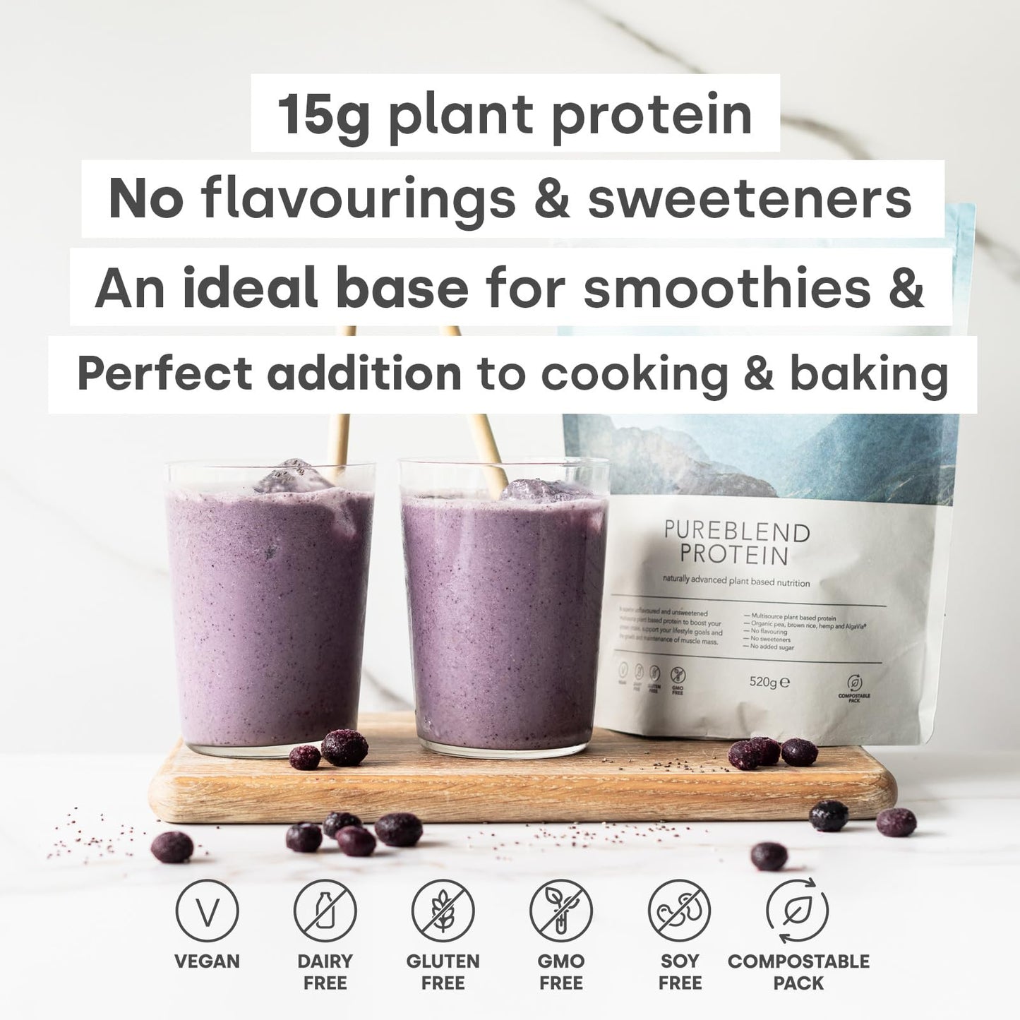 Form Pureblend Protein - Unflavoured and Unsweetened Vegan Protein Powder - 15g of Plant Based Protein per Serving. Perfect for Your Smoothies, Cooking and Baking.