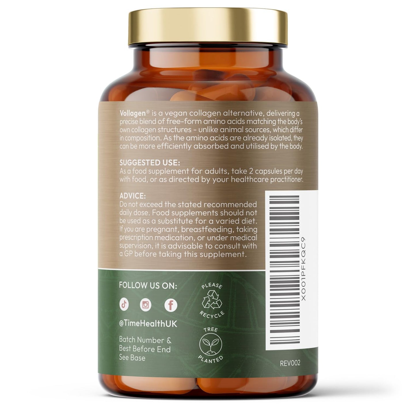 Time Health Vollagen® Advanced Vegan Collagen - 18 Amino Acid Complex in Ratio of Collagen - Studied Effectiveness - 120 Capsules - Vegetarian - Zero Additives - Pullulan