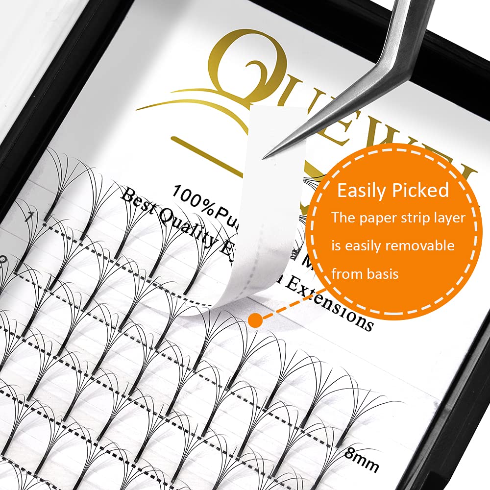 QUEWEL Pre Made Fan Eyelash Extensions 5D 0.10 C Curl 8mm Long Stem Premade Fans Volume Eyelash Extensions Pre Made Russian Volume Eye Lashes Long lasting Pre Fanned Russian Lashes (5D 0.10C 8mm)