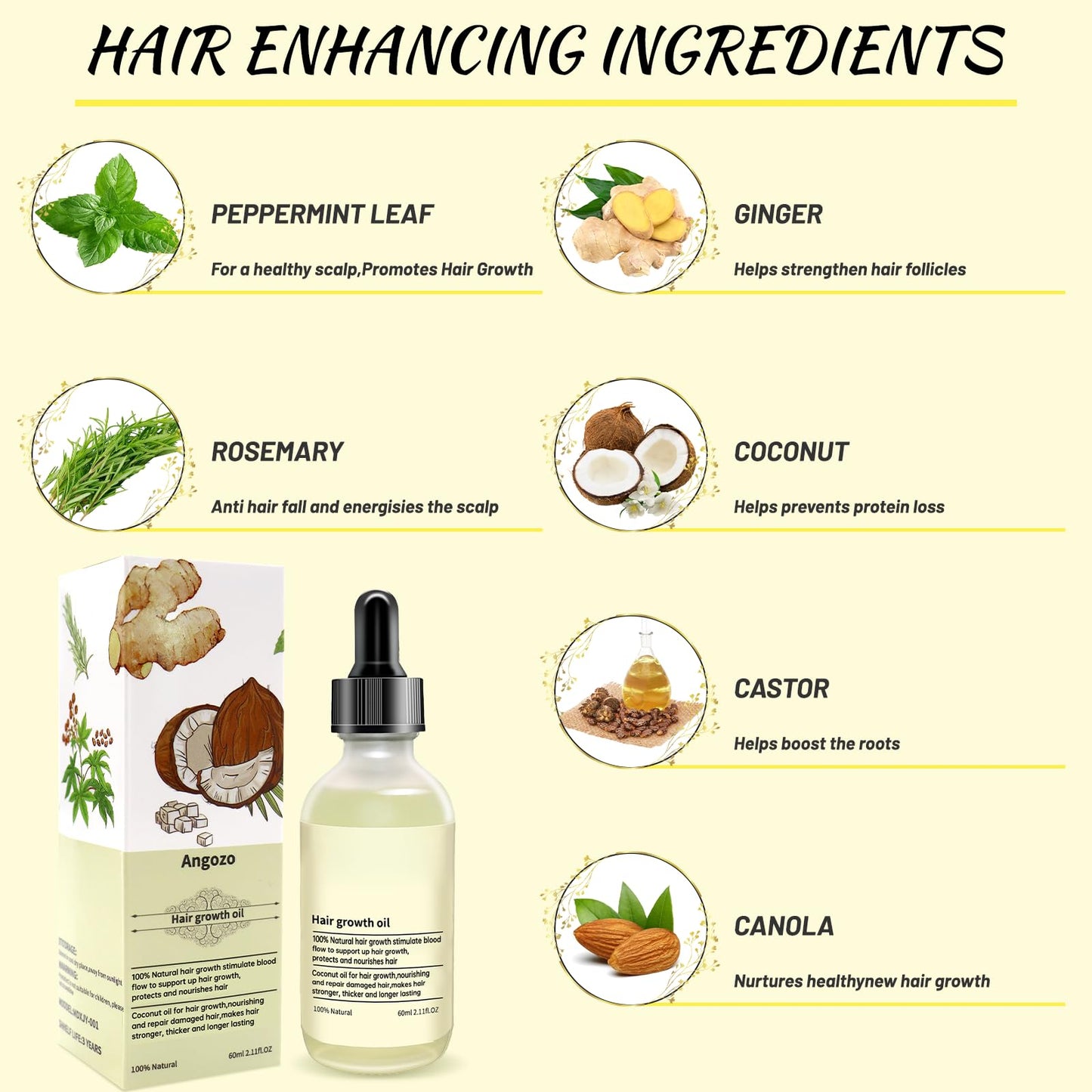 Angozo Veganic Hair Oil,100% Natural Hair Growth Oil,With Caffeine,Biotin,Coconut Oil,Argan Oil, Rosemary Oil,and Castor Oil for Hair Growth,Thickening Hair Mask & Hair Loss Treatment,60ml