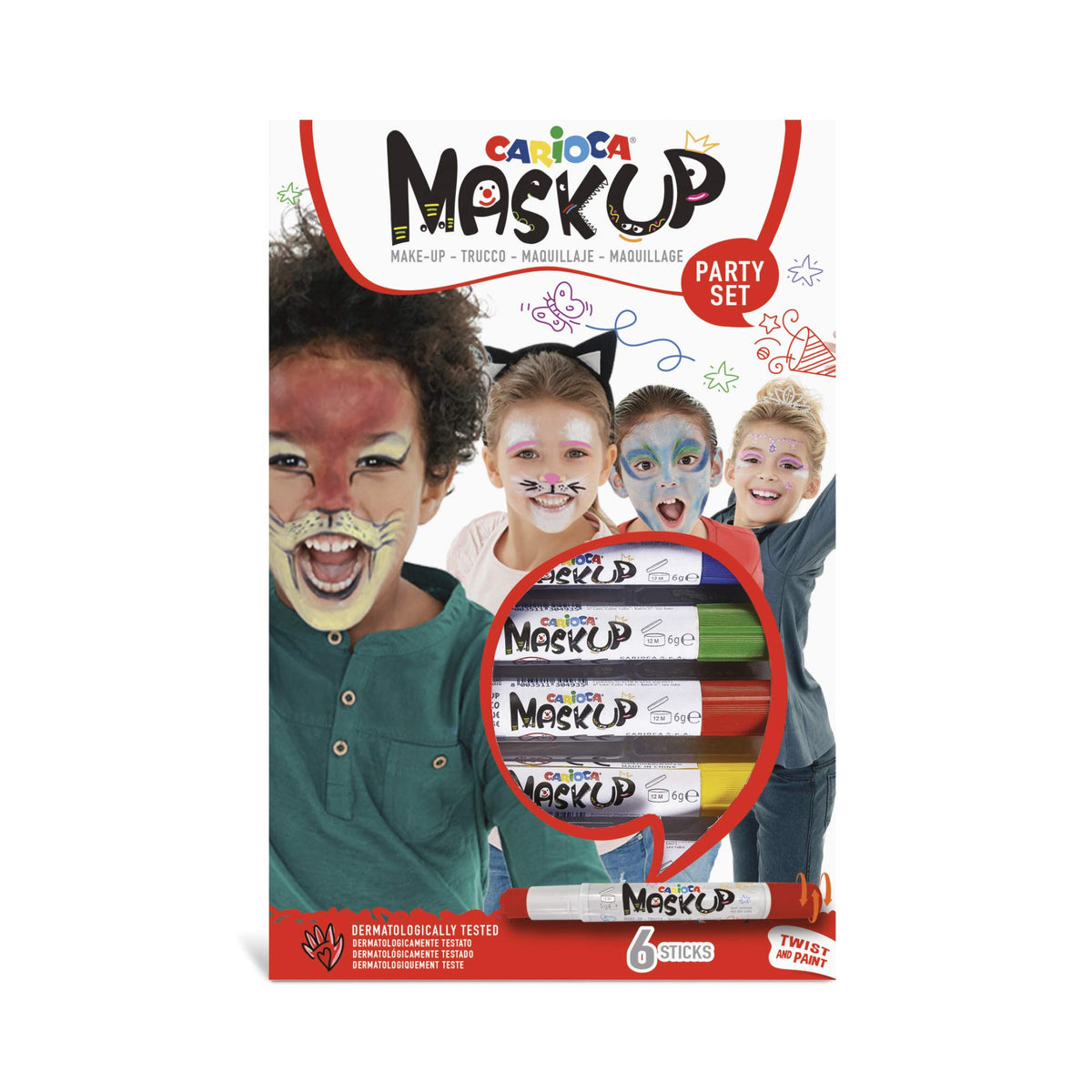 Carioca CARIOCA Mask Up Party, Face Painting Kit for Boys and Girls, Make-up Sticks Ideal for Christmas, Halloween, Carnival and Parties - 3 Colours and 2 Tutorials - Dermatologically Tested