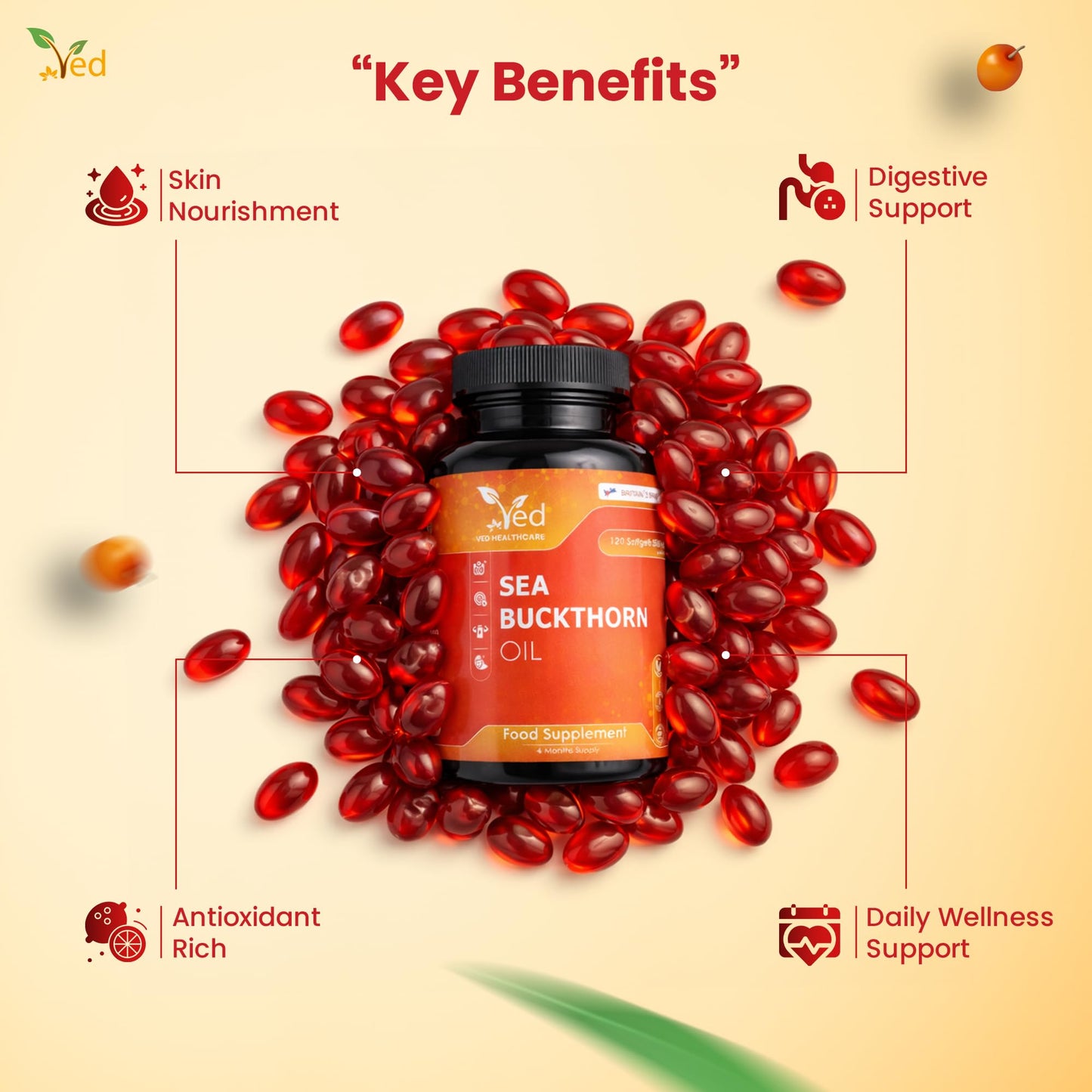 Ved VED Sea Buckthorn Oil Soft Capsules | Boost Immune System | Omega-7 500 mg | 120 Softgels.