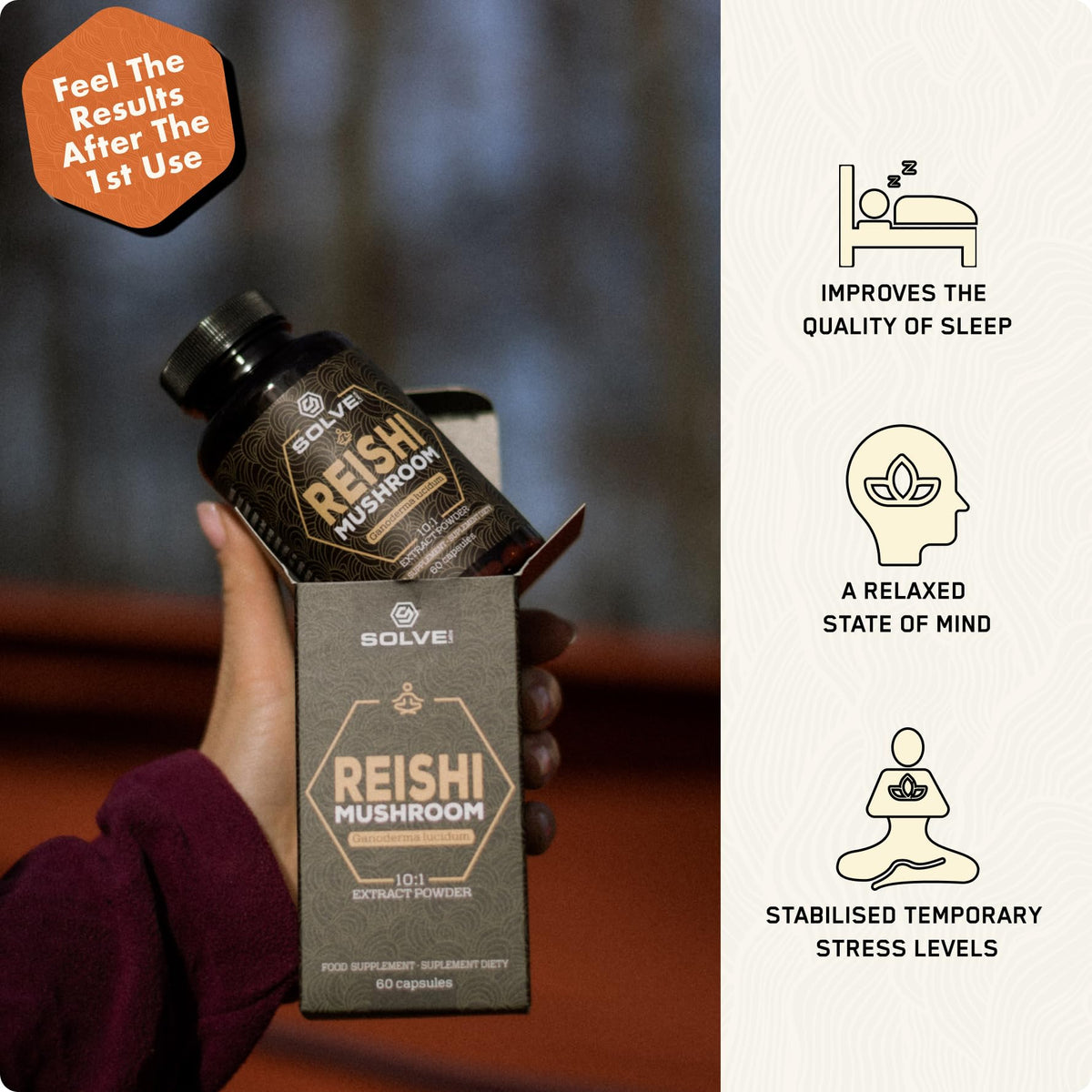 Solve Labs SOLVE Labs® ● Premium Reishi Mushroom Capsules ● 51% Beta-D-Glucans ● 10:1 Concentrate ● No Fillers & Additives ● Vegetarian & Kosher ● 60 Capsules ● 1 Month Supply