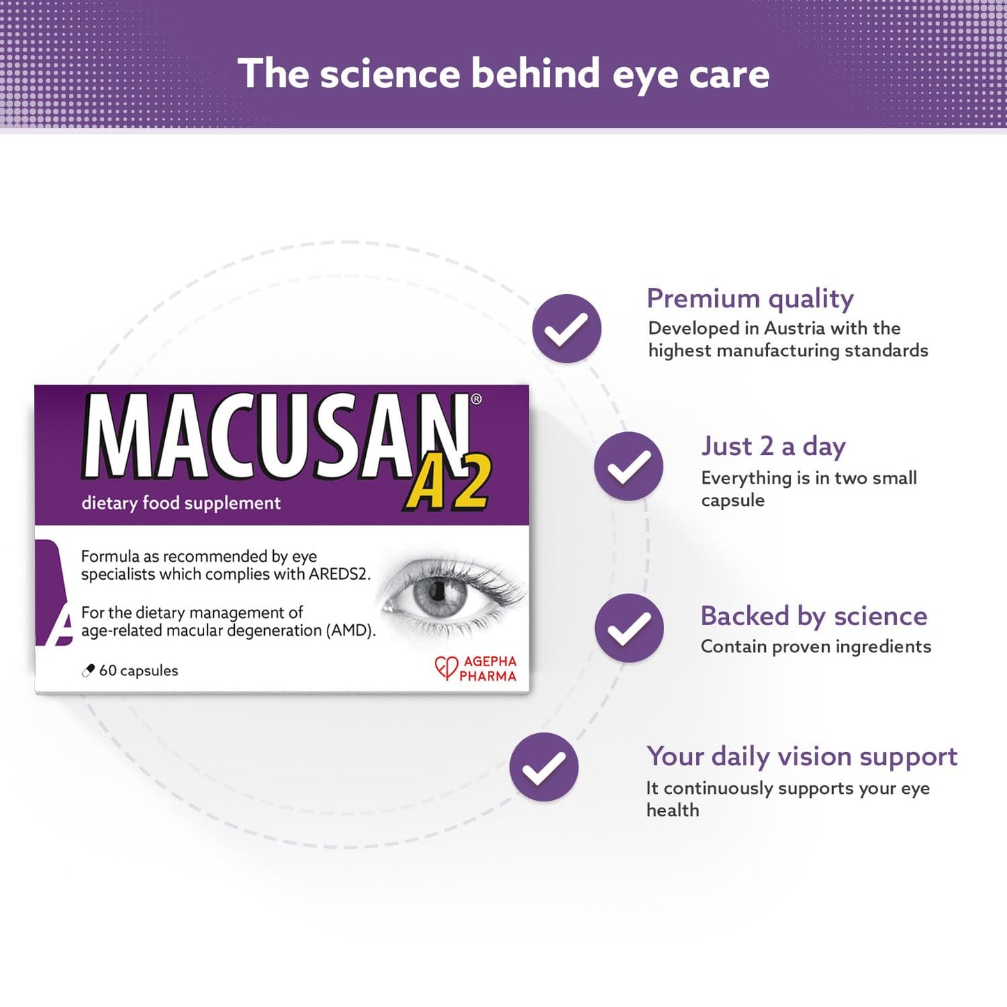Macusan A2 Capsules - Eye Health Dietary Food Supplement with Lutein, Zeaxanthin, and Vitamins - Managing Age-Related Macular Degeneration (AMD) & Supports Normal Vision - 30 Days Pack