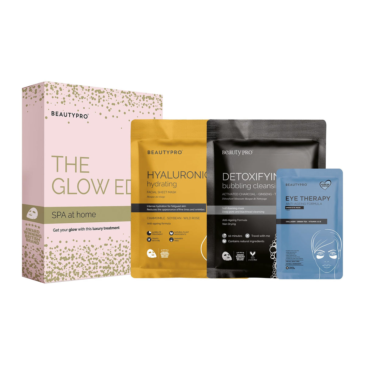 BeautyPro BEAUTYPRO THE GLOW EDIT Spa at Home 3-in-1 Pamper Set 2 Face Masks Detoxify & Hydrate Under Eye Patches for Tired Eyes Dark Circles & Wrinkles Natural Ingredients Multi Award Winning Brand