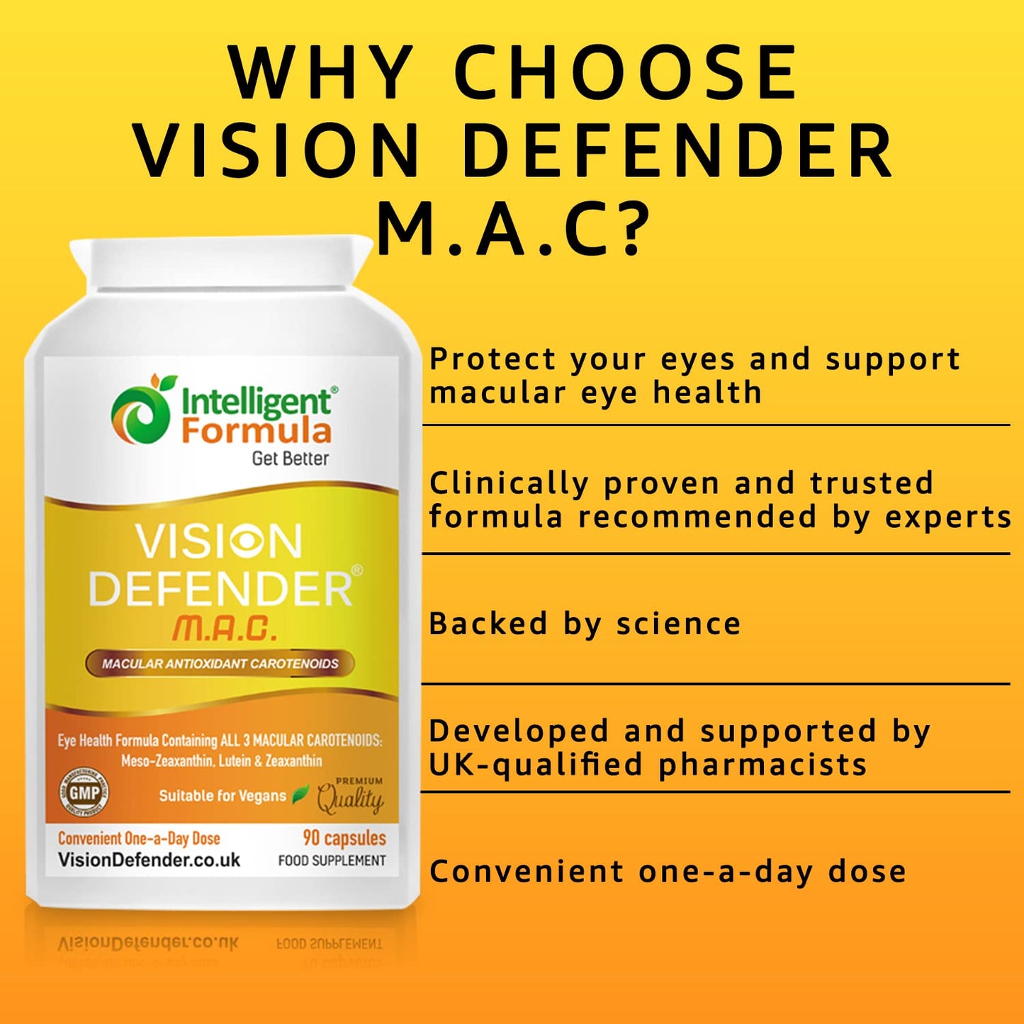 Lutein, Zeaxanthin & Meso-Zeaxanthin Eye Supplement: Vision Defender MAC – Antioxidant Carotenoids “Eye Vitamins” for Eyesight, Eye Care & Health - Vegan/Vegetarian - 90 Capsules/One-A-Day -Made in UK