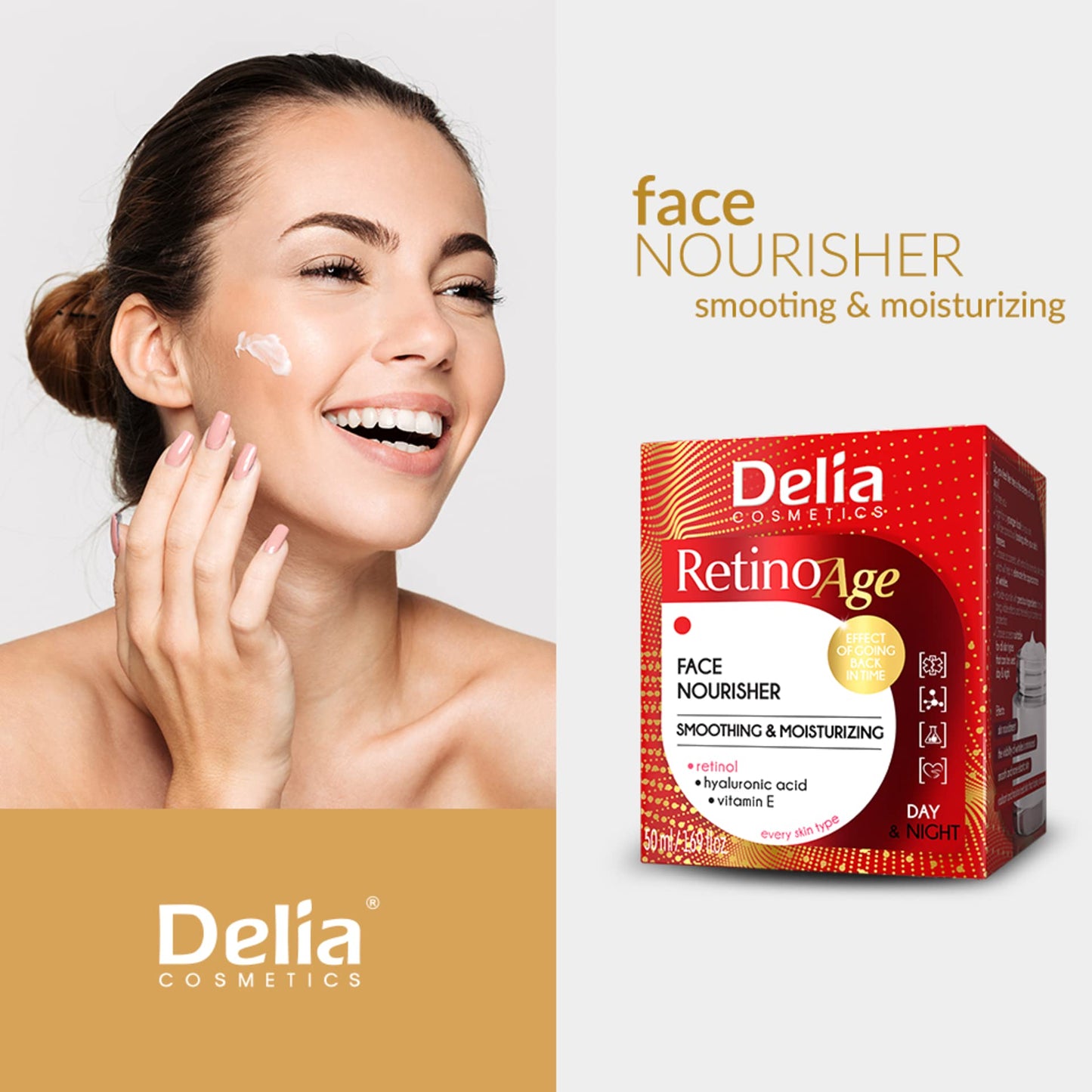 Delia Cosmetics - Retinoage - Face Cream – Retinol, Q10, Shea Butter, Macadamia Oil, Aloe Vera Gel, Vitamin E – Firming, Nourishing, Anti Aging, Day & Night Cream - 50ml