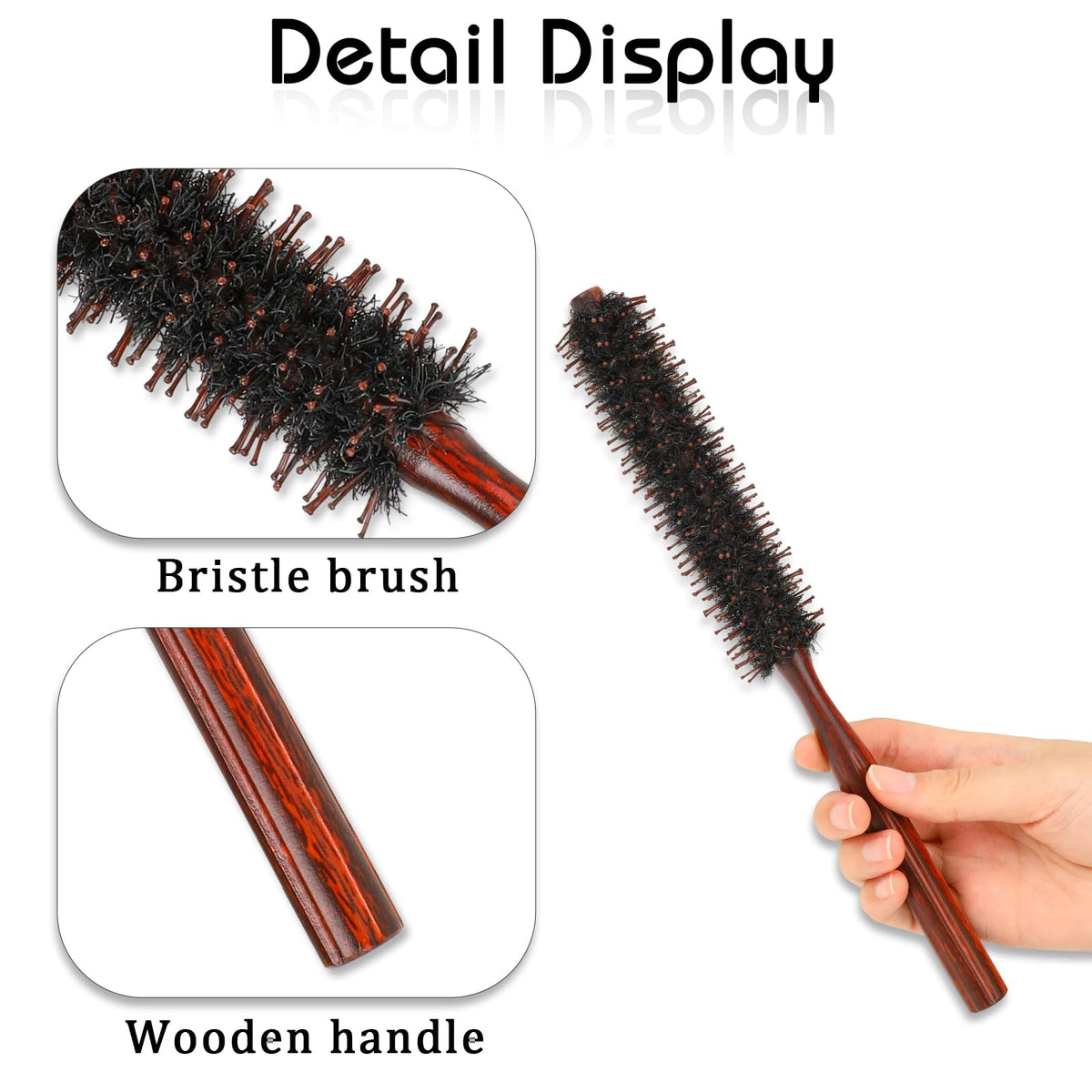 Mozeat Lens Boar Bristle Hair Brush, Small Round Brush Blow Drying Brush Styling Hair Brush with Nylon Pin and Natural Wooden Handle,Soft Bristle Hair Brush for Straightening Curling Volumizing and Detangling