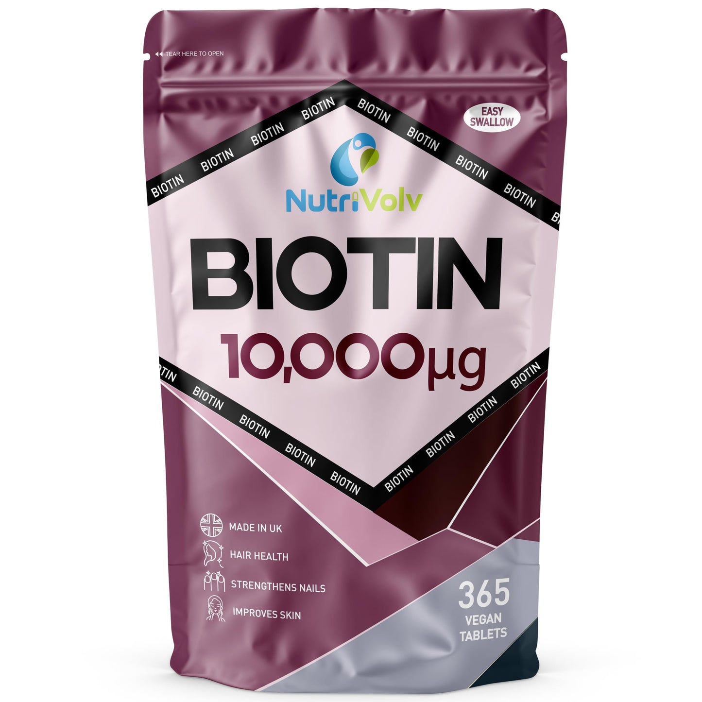 NutriVolv Biotin Hair Growth Supplement | 1 Year Supply | 10,000mcg Per Tablet | 365 Vegan Tablets | Hair Skin & Nails Vitamins for Women & Men | High Absorption D-Biotin | Hair Growth Vitamins | UK Made