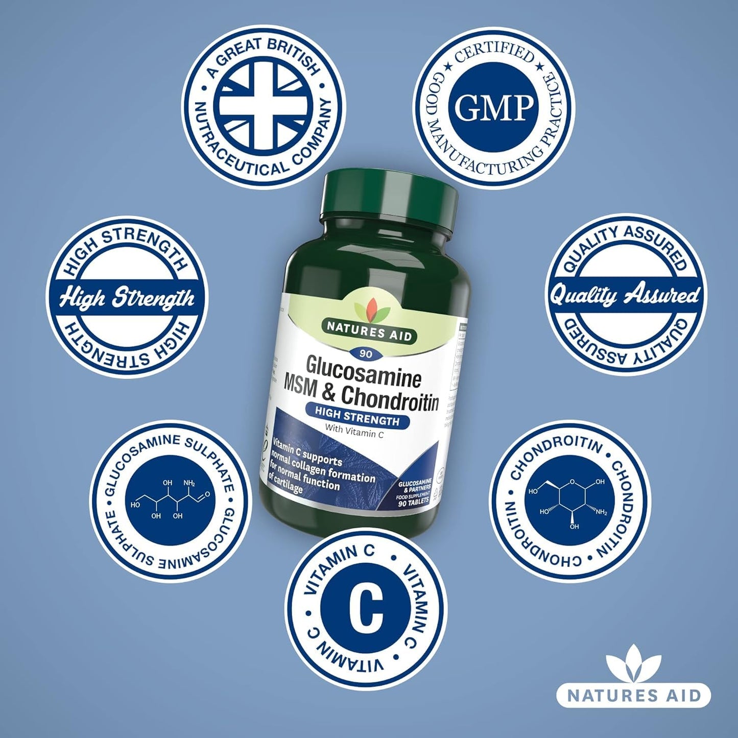 Natures Aid Glucosamine MSM & Chondroitin with Vitamin C - High Strength Joint Support - Mobility & Cartilage Health, Collagen Formation - Non-GMO, Gluten-Free Supplement - 90 Tablets