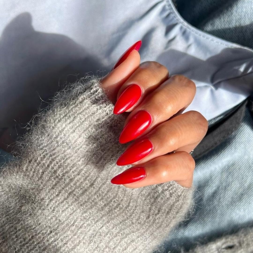 SXVME 48 Pcs Red Press on Nails Almond Medium Acrylic False Nails Medium Stiletto Natural Fake Nail Set Elegant Solid Color Full Cover Glossy Gel Stick on Nails for Women Daily Wear