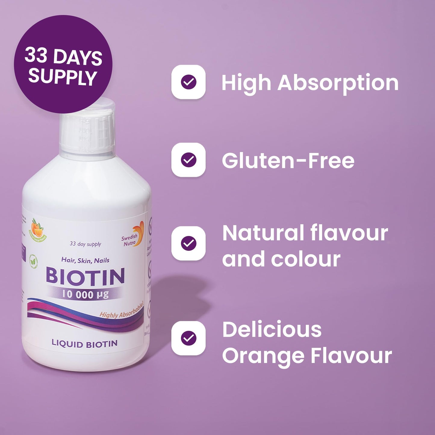 Swedish Nutra - Biotin 10,000 UG Liquid Supplement - Pack of 500 ml, 33 Day Supply | Plus Vitamin C for Healthy Hair, Skin & Nails | Vegan & Gluten Free | 100% Natural Orange Flavour
