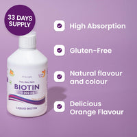 Swedish Nutra - Biotin 10,000 UG Liquid Supplement - Pack of 500 ml, 33 Day Supply | Plus Vitamin C for Healthy Hair, Skin & Nails | Vegan & Gluten Free | 100% Natural Orange Flavour