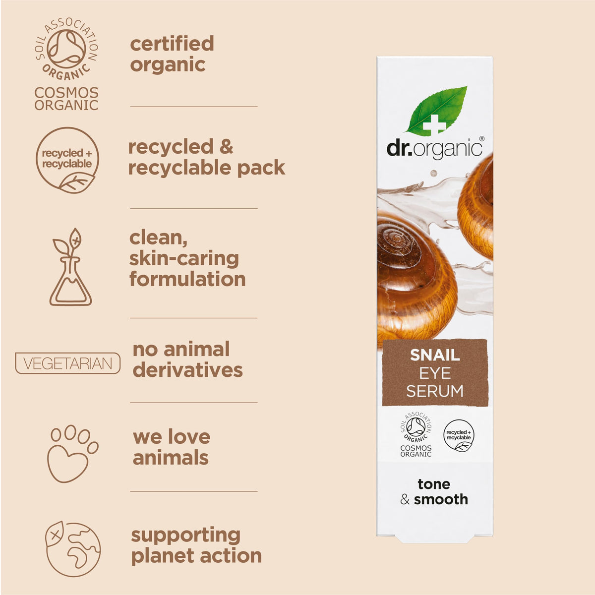 Dr. Organic Dr Organic Snail Gel Eye Serum, Healthy-Aging, Fine Lines, Mens, Womens, Natural, Vegetarian, Cruelty-Free, Paraben & SLS-Free, Recycled & Recyclable, Organic, 15ml, Packaging may vary
