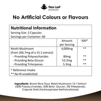NEW LEAF PRODUCTS Reishi Mushroom Capsules - High Strength 4000mg Mushroom Supplements - 120 Vegan Mushroom Powder Capsules - Reishi Supplement 100% from the Fruiting Body Made in UK by New Leaf