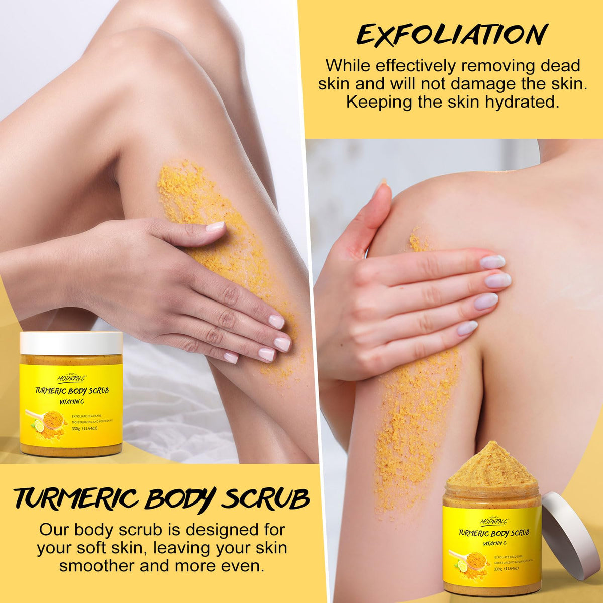 POP MODERN.C Turmeric and Vitamin C Body Scrub, Exfoliating Scrub, Remove Dead Skin Improve Dark Spots Acne, Natural Deep Cleansing, Exfoliator for Body Butt Bikini Area, Body Care for Men Women, with Loofah