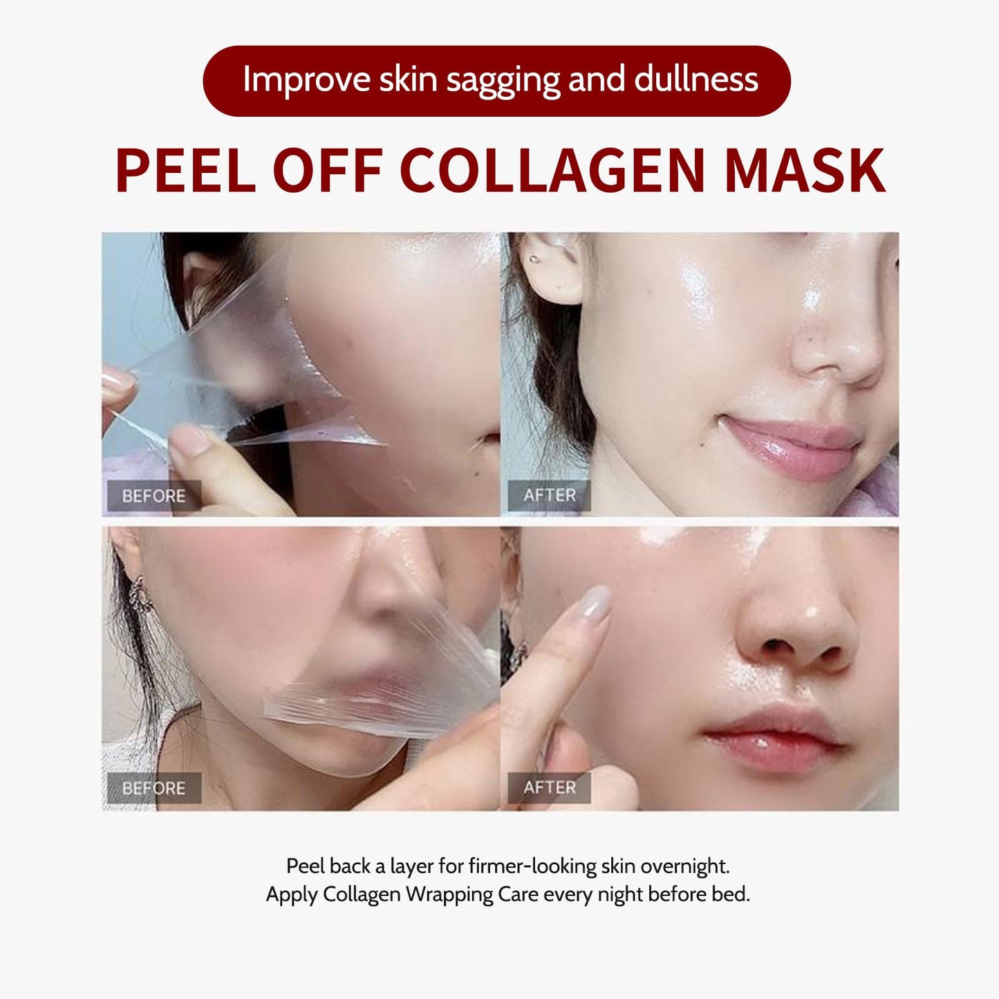 BloomBelle Real Collagen Fit Peel off Face Masks, Collagen Mask, Restore Skin Elasticity, Hydrating Face Mask Night Wrapping Mask, Perfect for Dry Dehydrated Skin