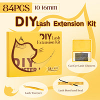 QUEWEL Cluster-Lashes Kit, Individual-Eyelashes Kit 10-16mm Cat Eye Lash Clusters 84Pcs Bond and Seal Lash Kit, DIY Lash Extensions at Home(Kitten Kit)