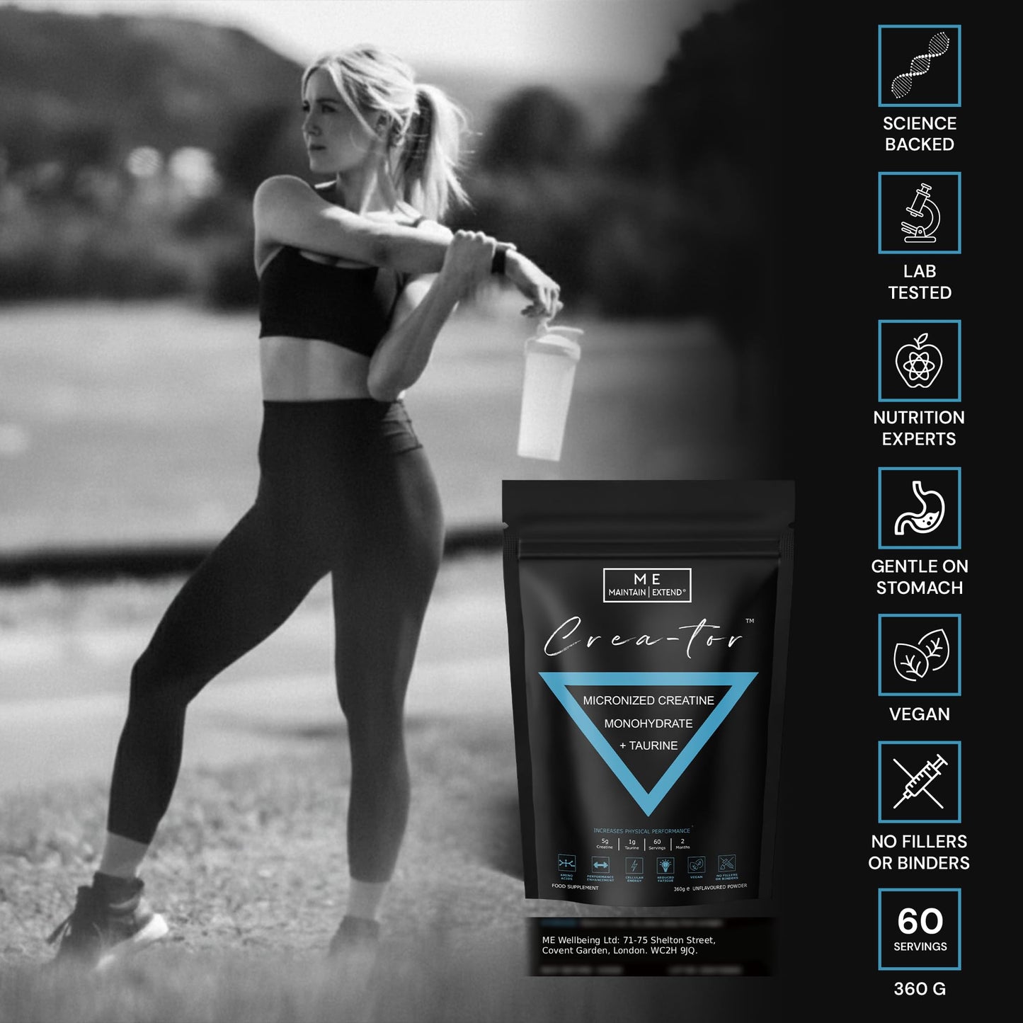 ME MAINTAIN | EXTEND Creatine Monohydrate Powder with Taurine 360g, Micronized Vegan 60 Servings