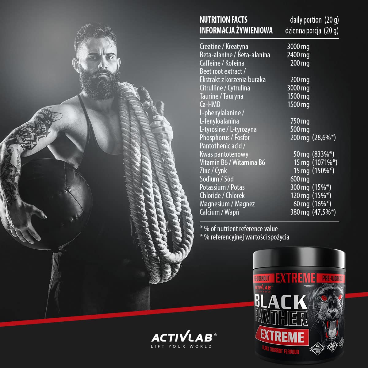 Activlab Black Panther Extreme 300g, Pre Workout Powder Energy, Physical Performance with Citrulline, Creatine, Beta Alanine, Caffeine, VIT B, HMB, 300g, 15 Servings (Black Currant)
