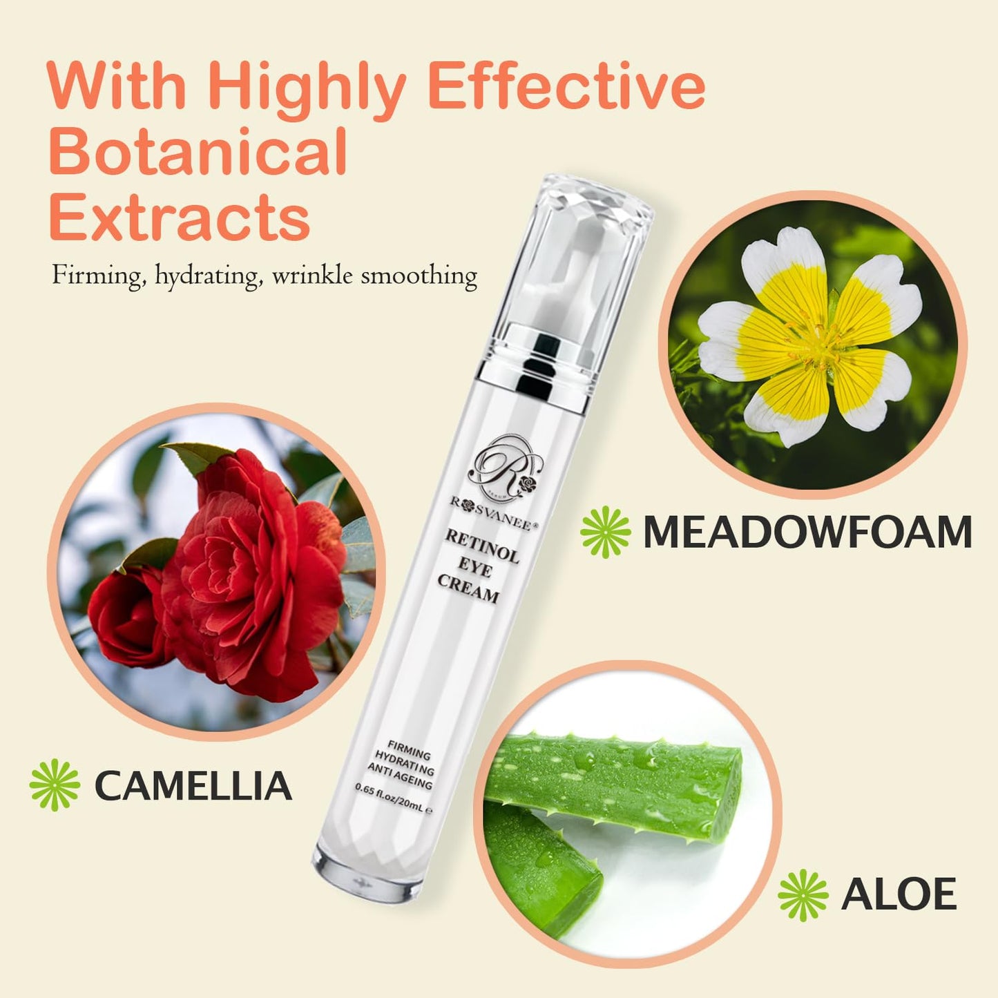 ROSVANEE Retinol Eye Cream, Daily Anti-Aging Under Eye Cream with Hyaluronic Acid, Vitamin E, Niacinamide to Fight Eye Puffiness, Fine Lines, Wrinkles, & Dark Circles, 20ml