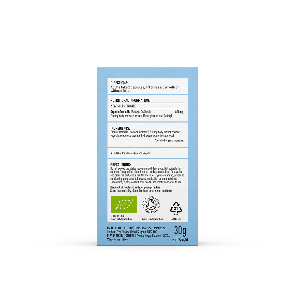 Mushrooms 4 Life Organic Tremella Mushroom 60g or 60 caps – Pure Tremella Powder or Cpsules | Anti Aging Supplement for Beauty & Skin | Rich in Antioxidants, 30% + Beta Glucans (60 caps)