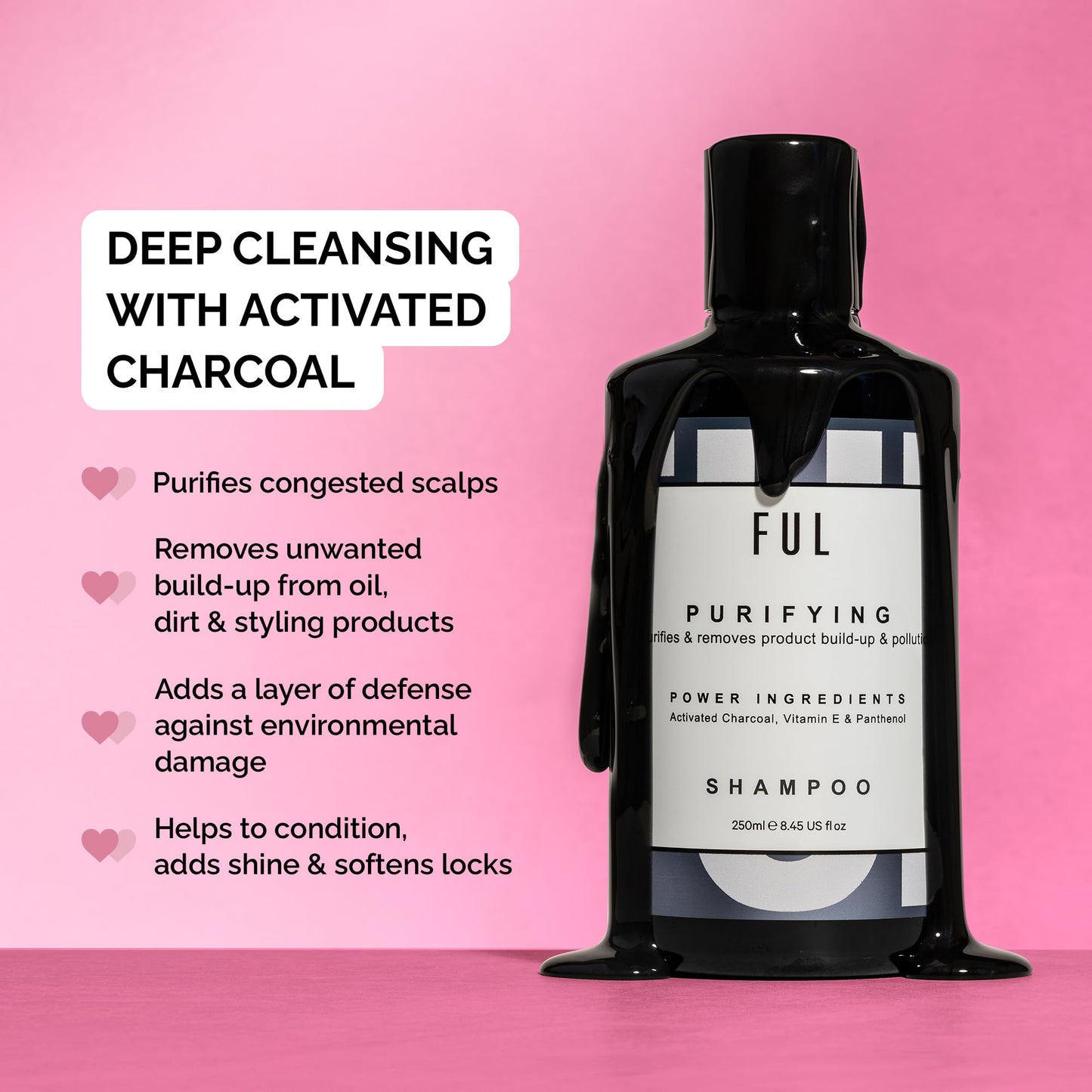 FUL Purifying Charcoal Shampoo | Clarifying Shampoos to Remove Build Up, Excess Oil, and Pollutants | Vegan Sulfate Free Shampoo | Shampoo for Greasy Hair | Deep Cleansing Shampoo | Made in UK