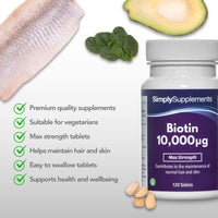 Biotin 10000 mcg Tablets | Potent One-a-Day Formula for Healthy Hair & Skin | Vegan & Vegetarian Friendly | 120 Tablets = 4 Month Supply | Vegetarian Safe | Manufactured in The UK