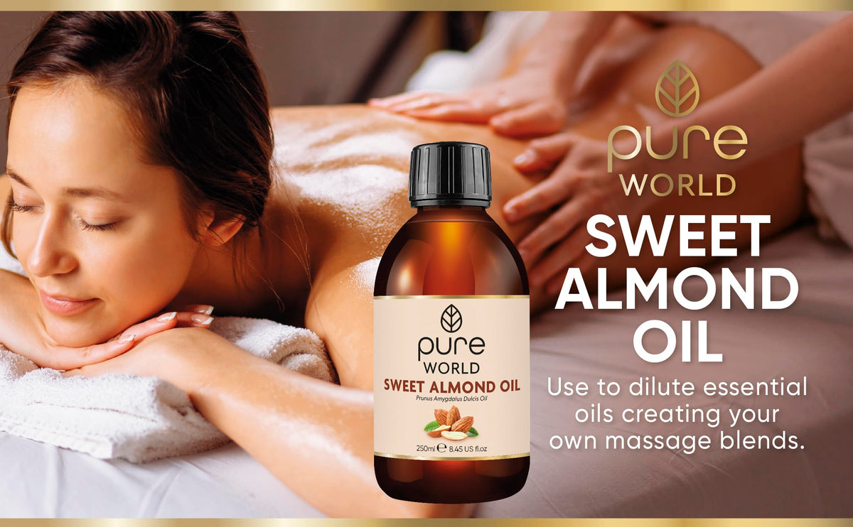 Pure World Natural Sweet Almond Oil 250ML 100% Pure, Undiluted Cold Pressed Premium Quality Almond Oil Freshly Pressed – Massage, Skin, Nails, Body and Face,. Edible Vegan