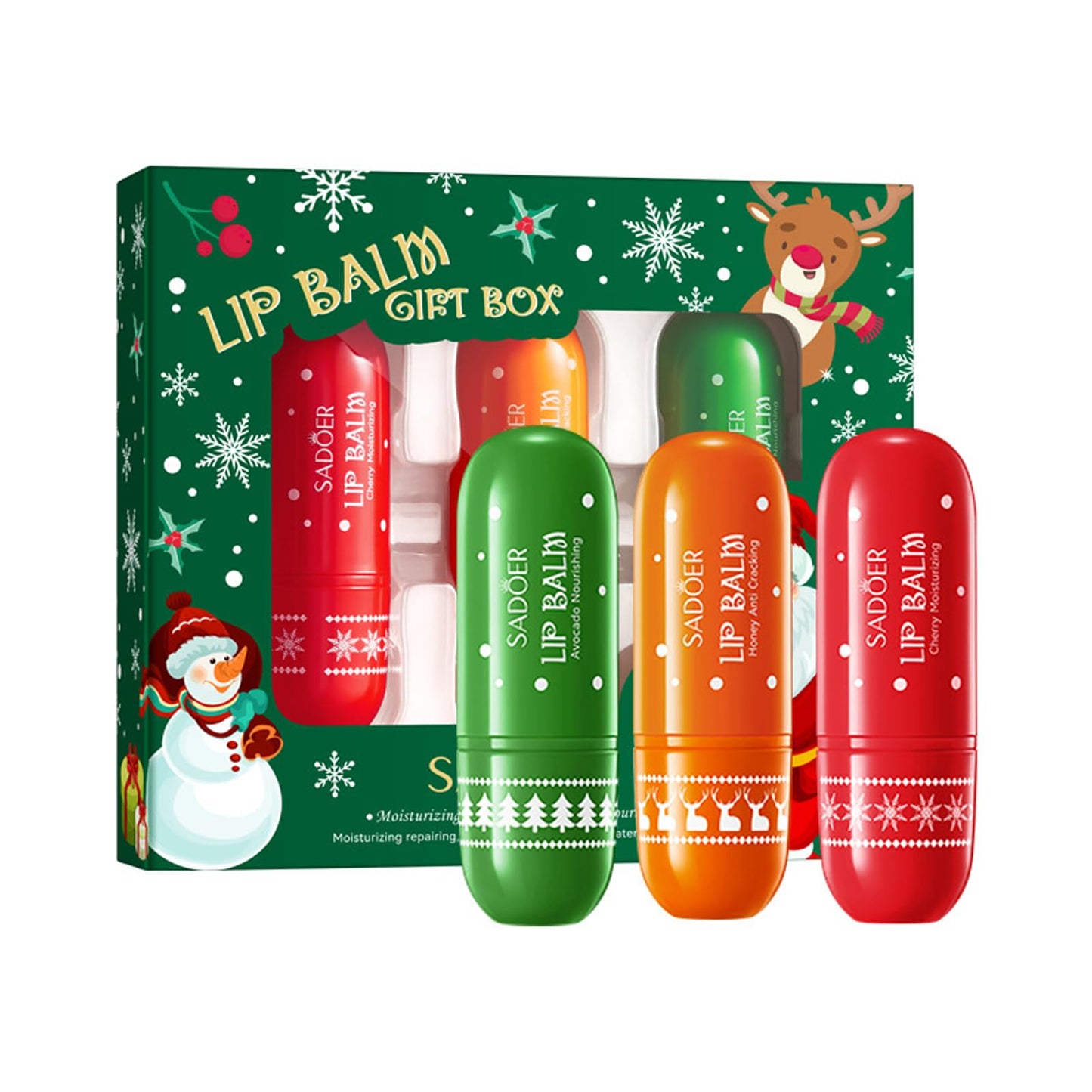 EONFAVE Christmas Lip Balm Set - Moisturising Lip Balm for Cracked Lips - 3pcs Lip Balm Gifts Set - Avocado, Cherry, Honey - Repair Lip Moisturizer For Dry Lip - Lip Care Festival Selection In Christmas Day